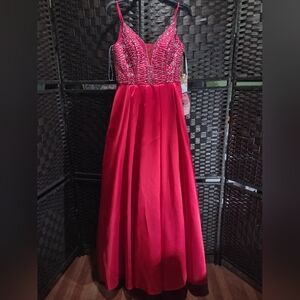 Say Yes to the Prom Juniors' 9/10 Satin Red Jewel-Top Ballgown